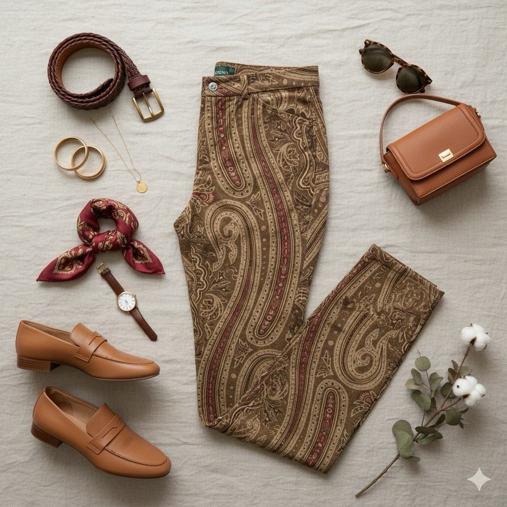VTGRalph Lauren Paisley Corduroy Velvet Pants Womens 6P Brown‎ Dark Academic - Picture 3 of 13